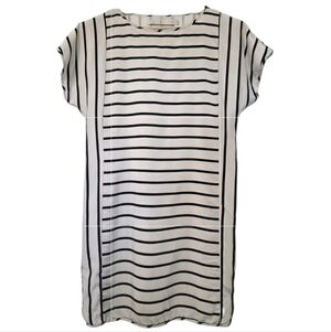 Marie Oliver Women's Mini Shift Dress 100% Silk White Black Stripe Beach Travel